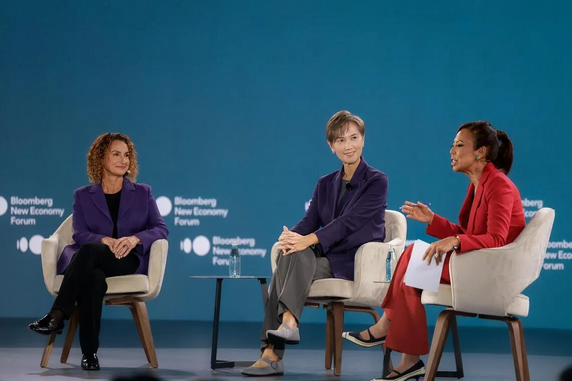 (From left) Google DeepMind’s chief operating officer Lila Ibrahim and Digital Development and Information Minister Josephine Teo at a plenary session moderated by Bloomberg Television’s anchor and editor-at-large Haslinda Amin on Nov 19.