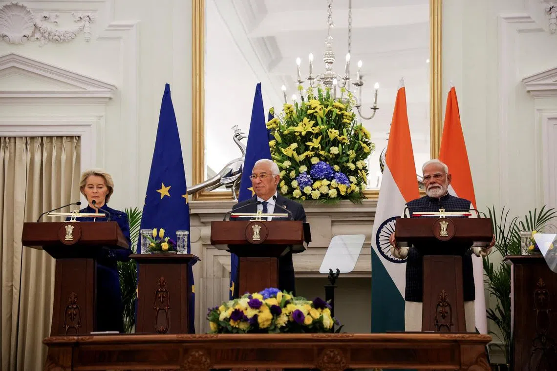 Indian Prime Minister Narendra Modi, European Council President Antonio Costa and European Commission President Ursula von der Leyen hold a joint press statement at the Hyderabad House in New Delhi, India, January 27, 2026. REUTERS/Altaf Hussain