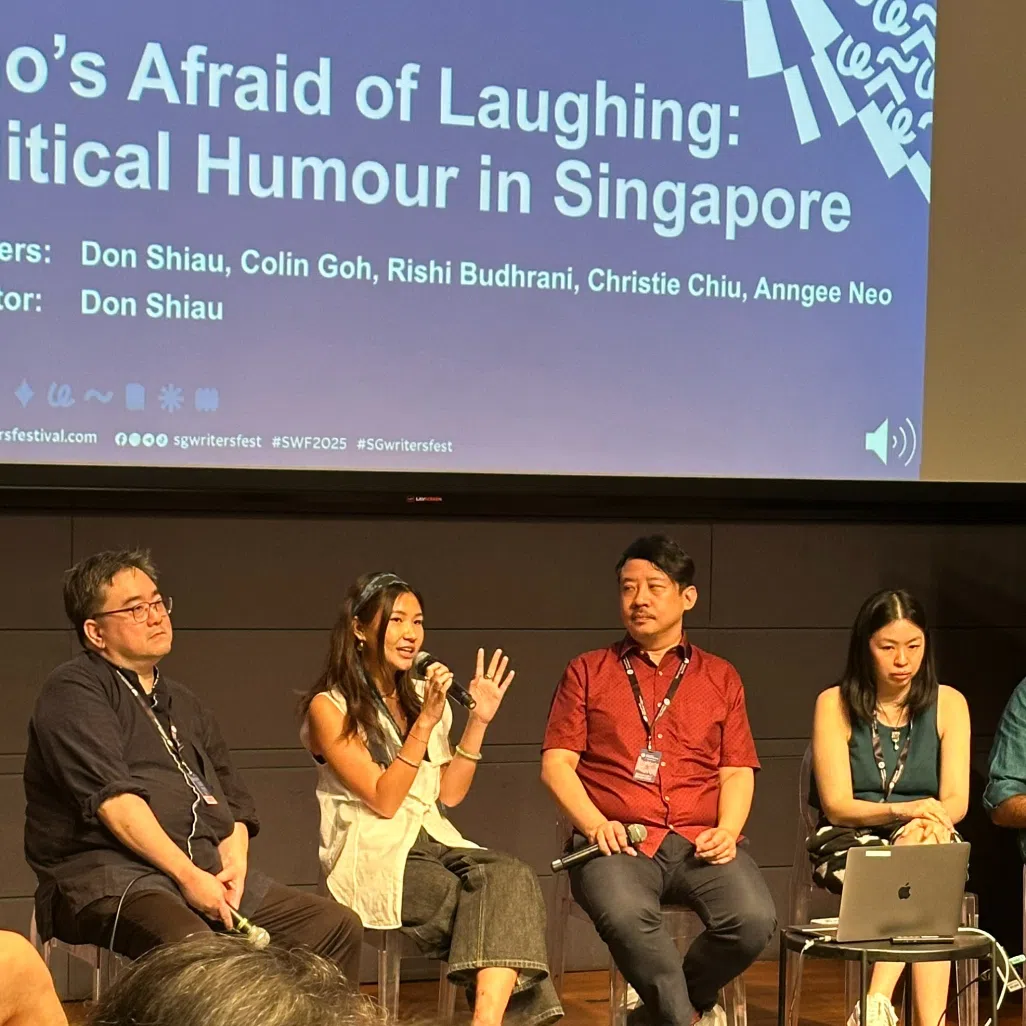 ST's Christie Chiu speaks at the panel with Colin Goh, Don Shiau, Anngee Neo and Rishi Budhrani.