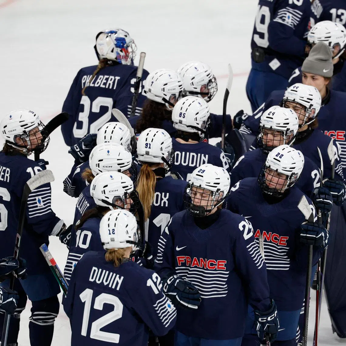 Milano Cortina 2026 Olympics - Ice Hockey - Women's Preliminary Round - Group B - Germany vs France - Milano Rho Ice Hockey Arena, Milan, Italy - February 09, 2026. France players react after the match REUTERS/David W Cerny