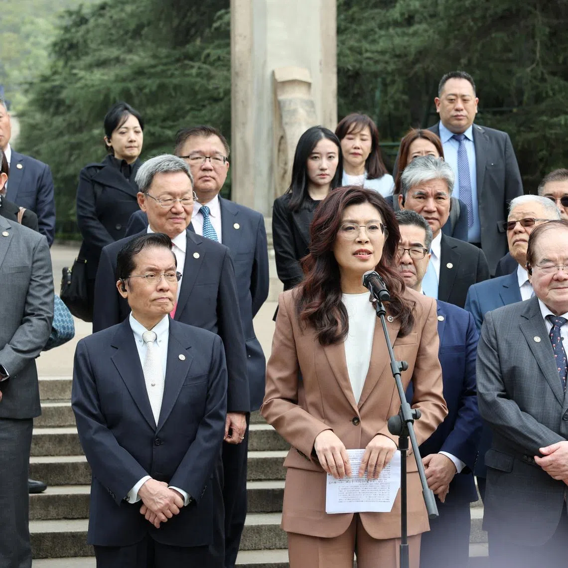 Cheng Li-wun, chairwoman of the Kuomintang (KMT), Taiwan's largest opposition party, speaks upon visiting Sun Yat-sen Mausoleum in Nanjing, Jiangsu province, China April 8, 2026. cnsphoto via REUTERS