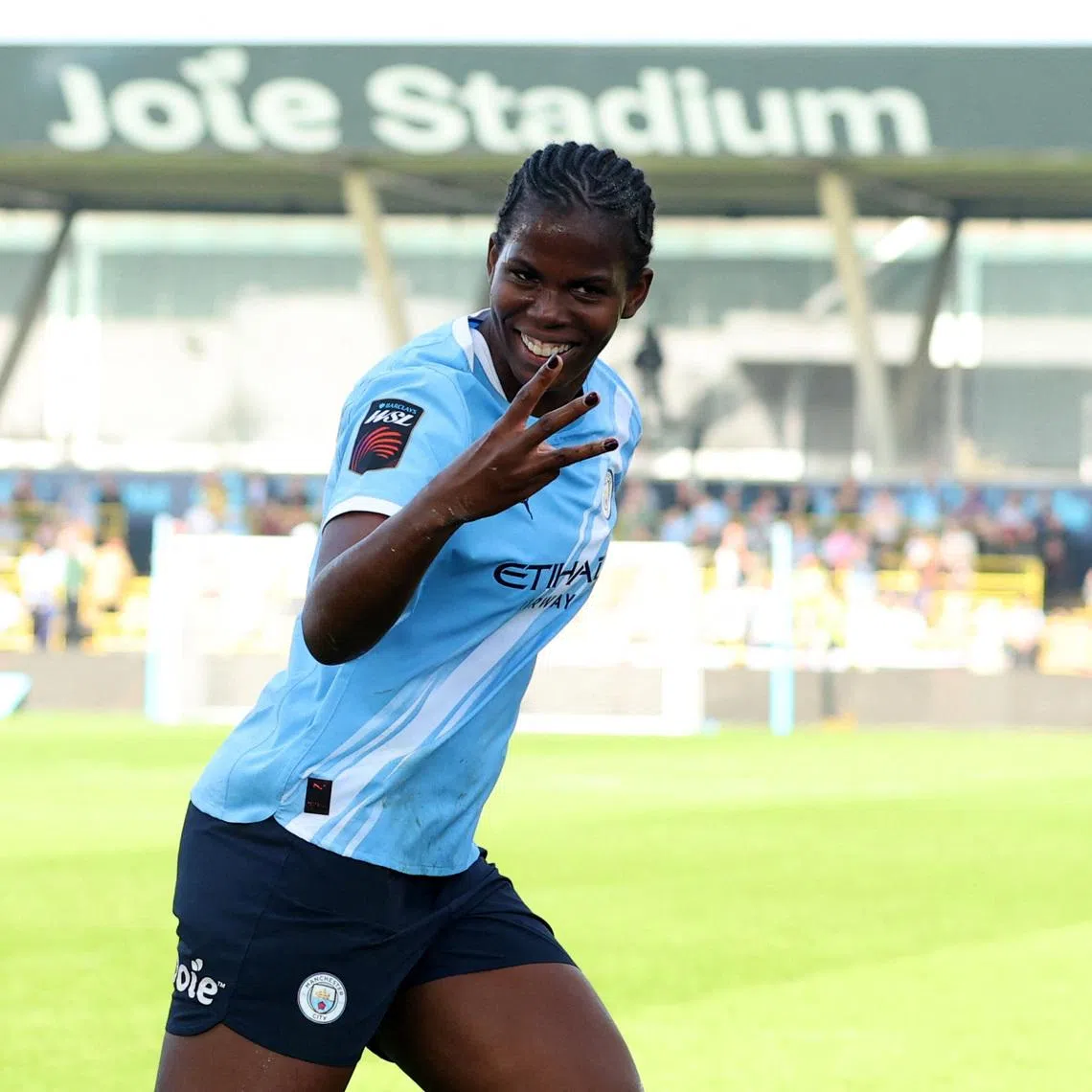 Soccer Football - Women's Super League - Manchester City v Tottenham Hotspur - Manchester City Academy Stadium, Manchester, Britain - March 21, 2026 Manchester City's Khadija Shaw celebrates scoring their third goal Action Images via Reuters/Craig Brough