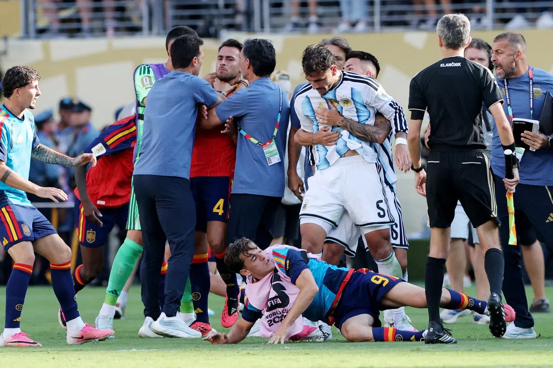 Argentina’s Leandro Paredes clashing with Spain’s Gavi after the 2026 World Cup final on July 19.