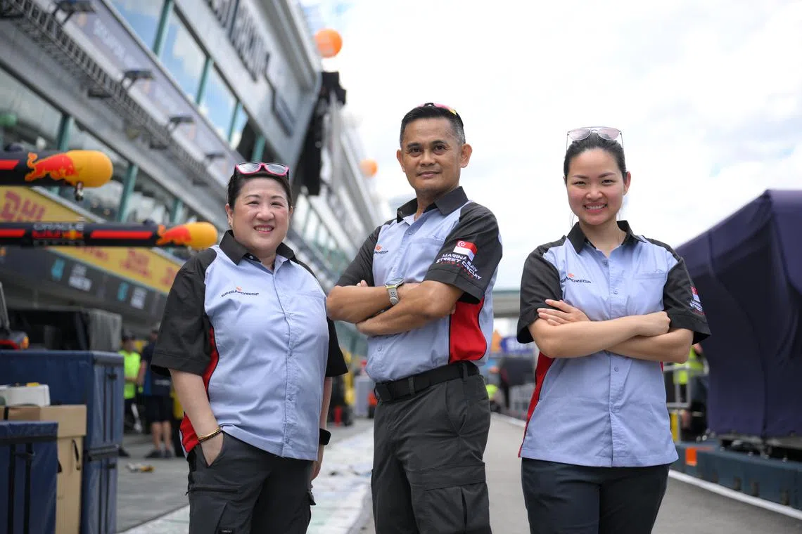 From left Charmaine Chan, an F1 Assistant Chief Pit and Grid Marshal, Susani Koh, an F1 Deputy Sector Chief, and Dr Whitney Chua, an F1 Chief Track Medical Officer, pictured on September 18, 2024.