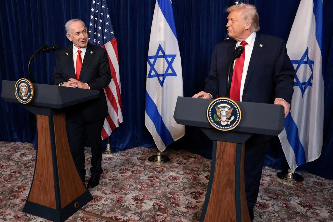Israeli Prime Minister Benjamin Netanyahu and US President Donald Trump at press conference in Palm Beach, Florida, in December 2025.