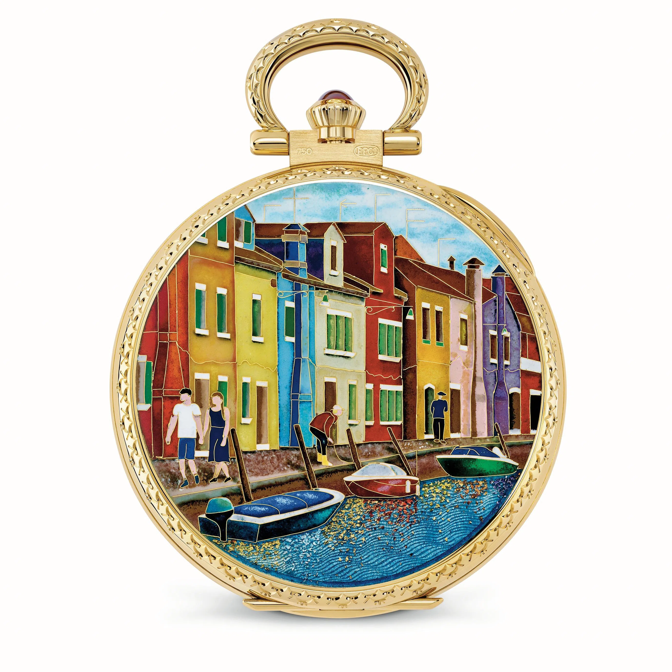 A unique yellow-gold pocket watch, Burano evokes the Venetian island’s brightly painted houses. Its decoration combines cloisonné, flinqué and paillonné enamel, with 70 enamel colours