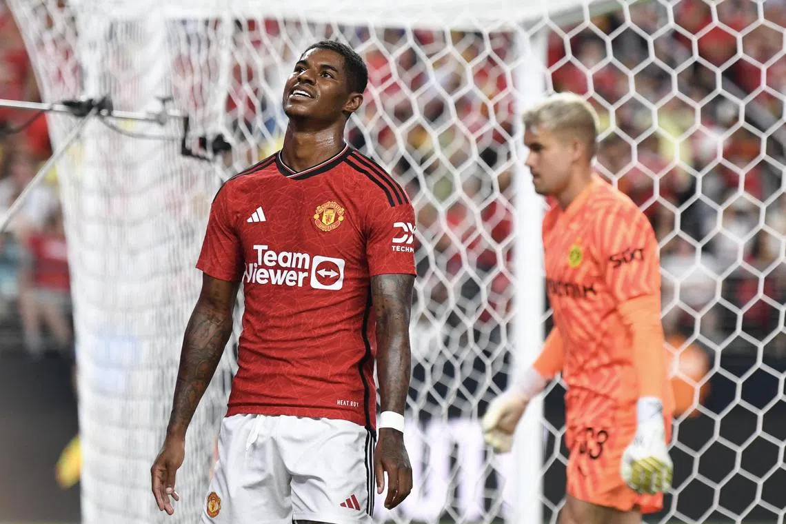 Marcus Rashford of Manchester United reacting to missing a shot during the pre-season friendly match against Borussia Dortmund at Allegiant Stadium on Sunday in Las Vegas, Nevada. The Red Devils lost 3-2.