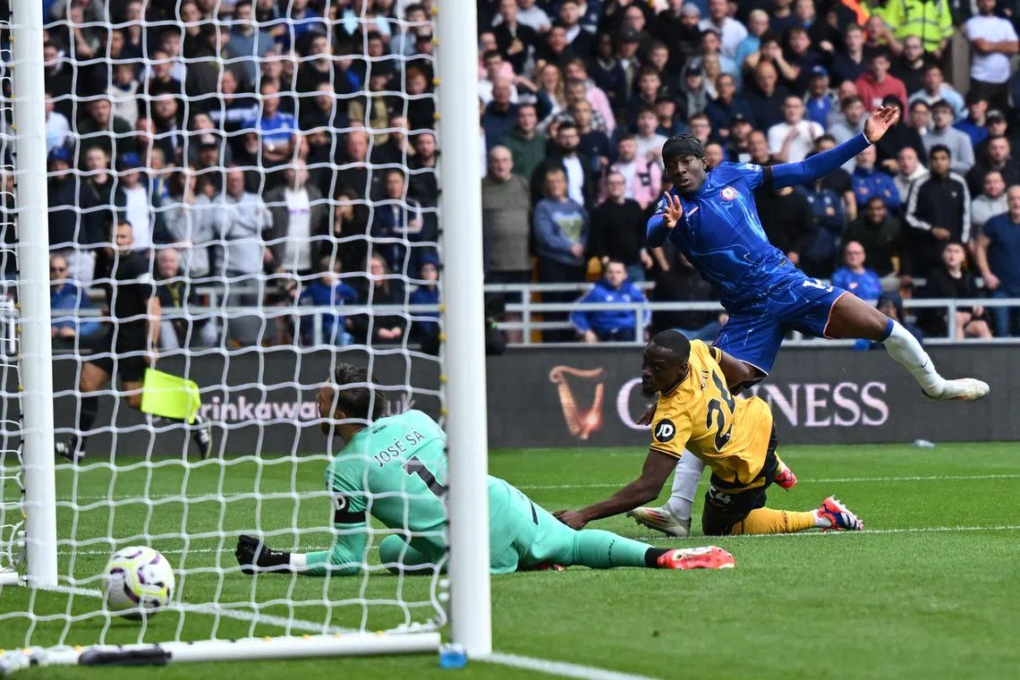 Chelsea forward Noni Madueke scoring Wolverhampton Wanderers at the Molineux stadium on Aug 25. The Blues won 6-2, with Madueke bagging a hat-trick.