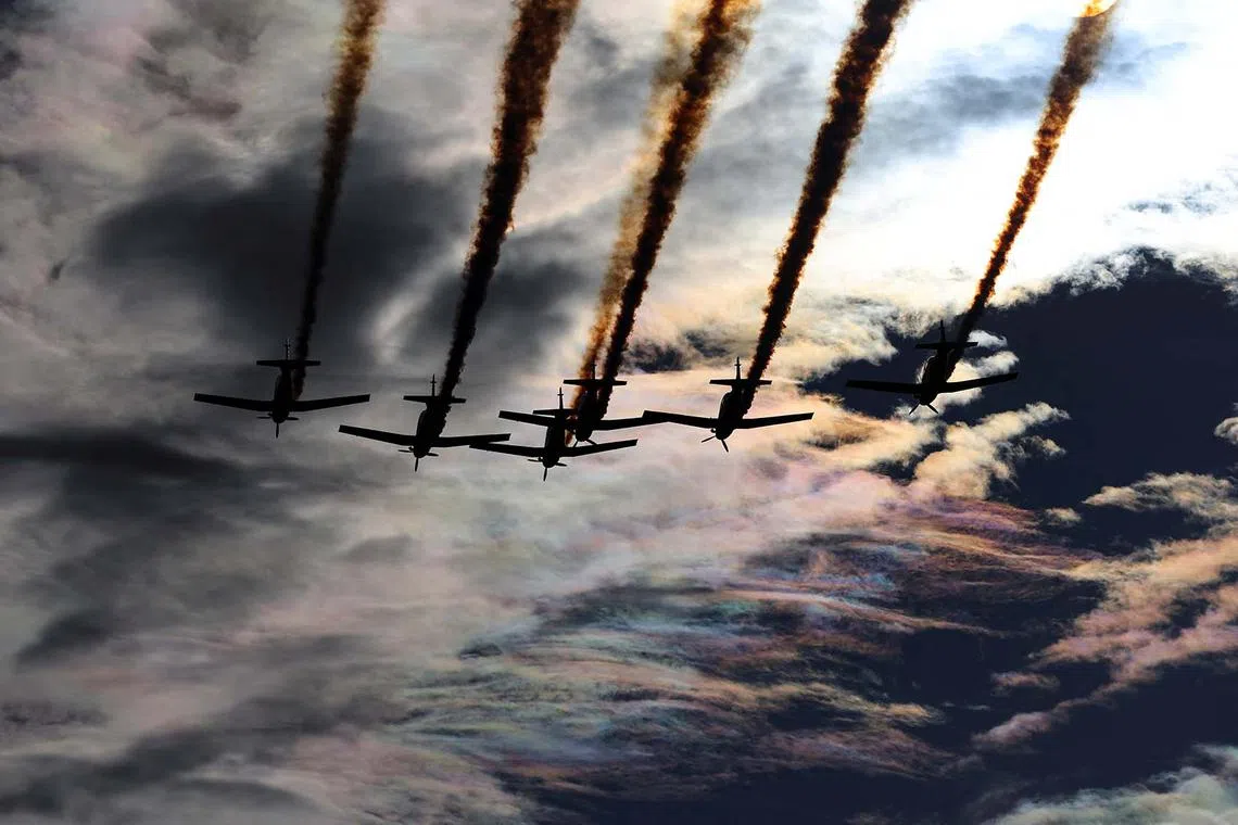 Croatian Air Force's aerobatic team, Wings of Storm, flying during a military parade for the 30th anniversary of Operation Storm alongside Victory Day, Homeland Thanksgiving Day, and Croatian Veterans Day, in downtown Zagreb, Croatia, July 31, 2025. 
