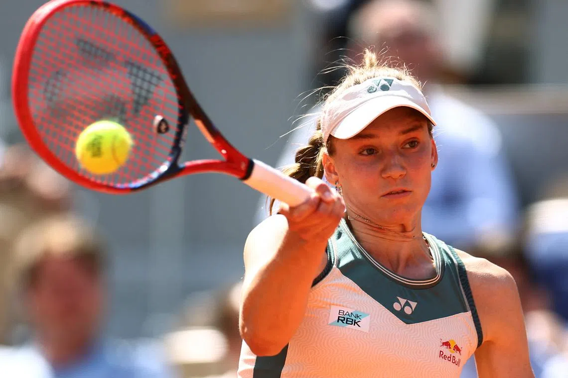 FILE PHOTO: Tennis - French Open - Roland Garros, Paris, France - June 5, 2024 Kazakhstan's Elena Rybakina in action during her quarter final match against Italy's Jasmine Paolini REUTERS/Lisi Niesner/File Photo