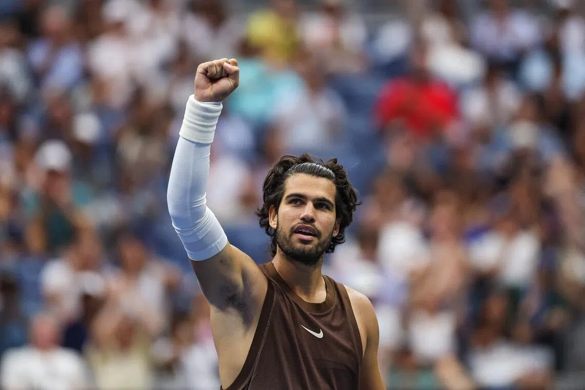 Spain’s Carlos Alcaraz celebrating his first-round victory over Roman Safiullin on Aug 31.