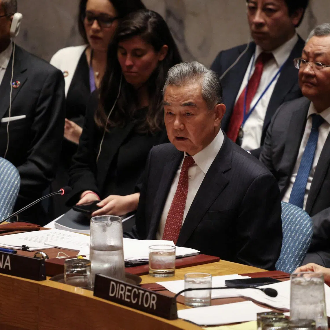 Chinese Foreign Minister Wang Yi speaking at a Security Council meeting on May 26 at the United Nations headquarters in New York City.