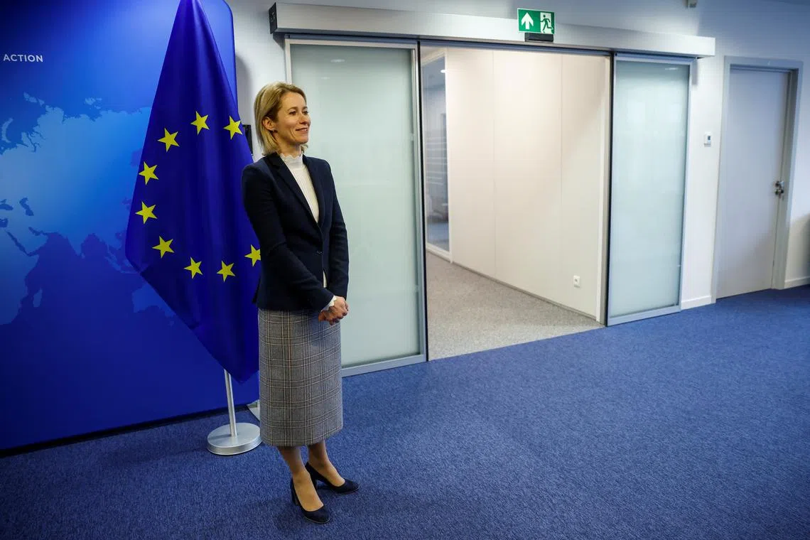 FILE PHOTO: EU High Representative for Foreign Affairs and Security Policy Kaja Kallas stands, on the day of her meeting with Palestinian Prime Minister Mohammad Mustafa, in Brussels, Belgium January 17, 2025.  REUTERS/Johanna Geron/File Photo
