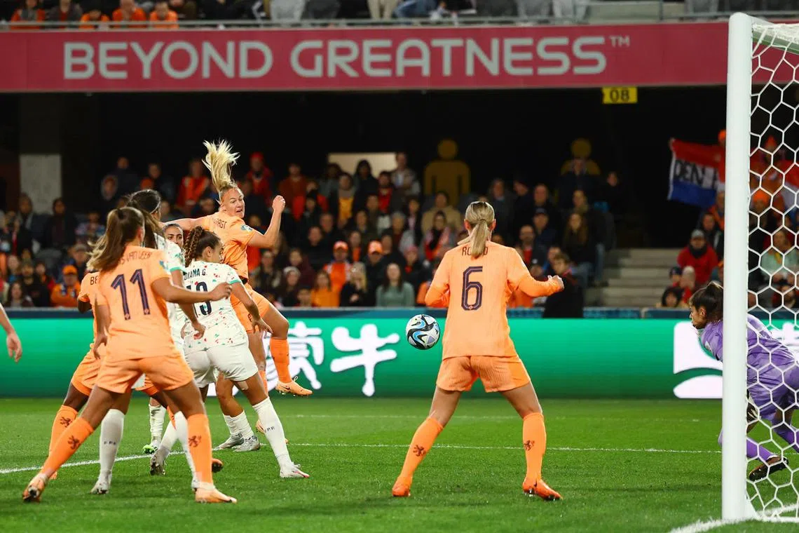 Netherlands defender Stefanie van der Gragt heading in the only goal of the Women’s World Cup Group E game against Portugal in Dunedin on July 23, 2023.