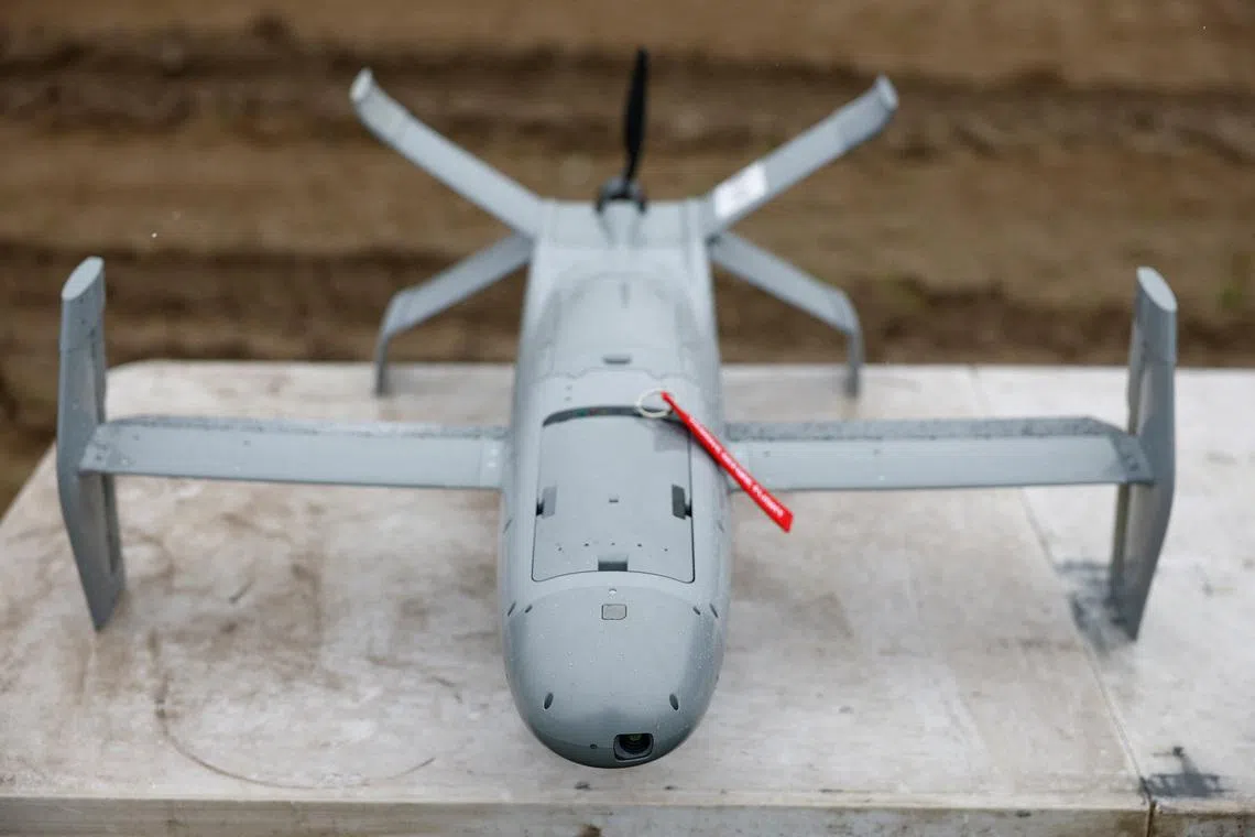 An AS3 interceptor unmanned aerial vehicle, a part of a modular American-made, AI-powered counter-drone system MEROPS.