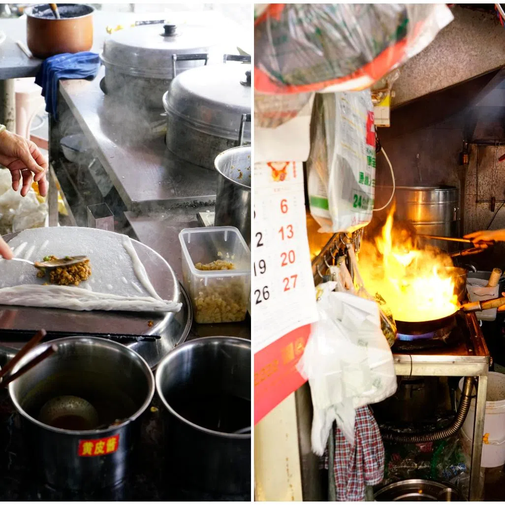 A vendor makes rice noodle rolls (left) while another fries "old friend" noodles in Nanning. 