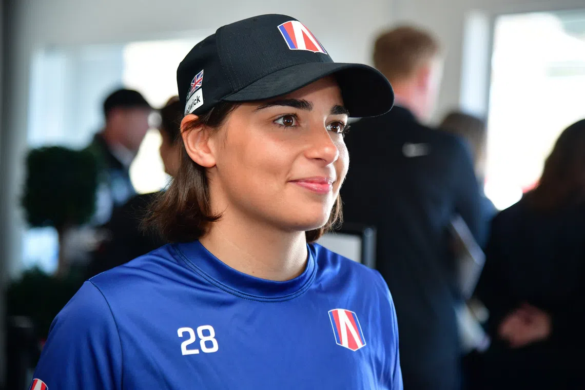 Jun 21, 2024; Salinas, California, USA; IndyNXT Series driver Jamie Chadwick during media availabilities at the Grand Prix Of Monterey at WeatherTech Raceway Laguna Seca. Mandatory Credit: Gary A. Vasquez-USA TODAY Sports