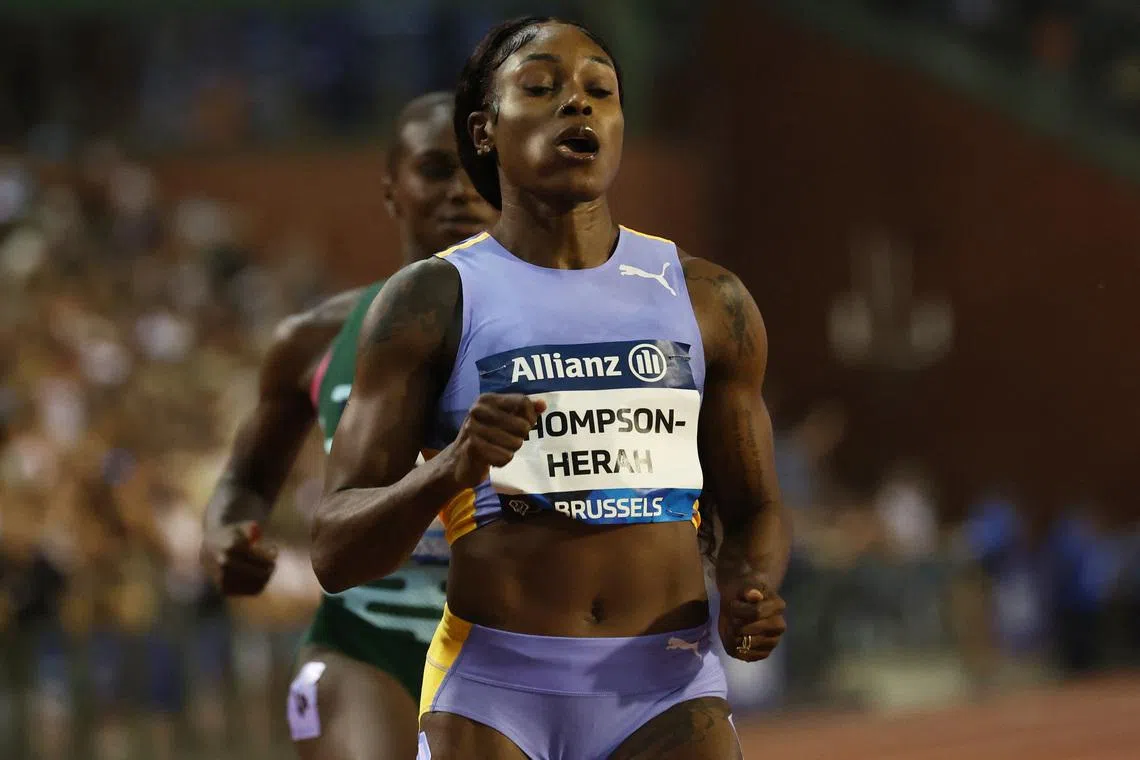 Athletics - Diamond League - Memorial van Damme - King Baudouin Stadium, Brussels, Belgium - September 8, 2023 Jamaica's Elaine Thompson-Herah in action during the women's 100m. REUTERS/Yves Herman