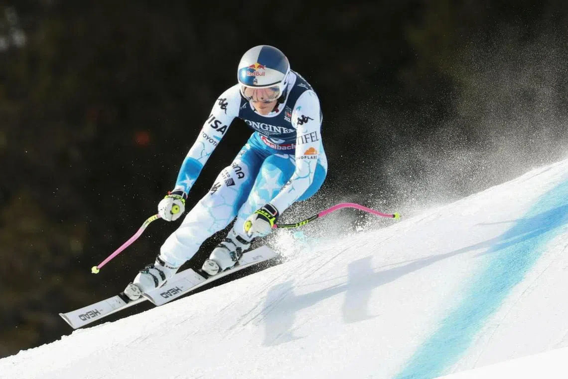 Lindsey Vonn competes in the downhill run of the women's team combined event of the Alpine World Ski Championships in Hinterglemm.