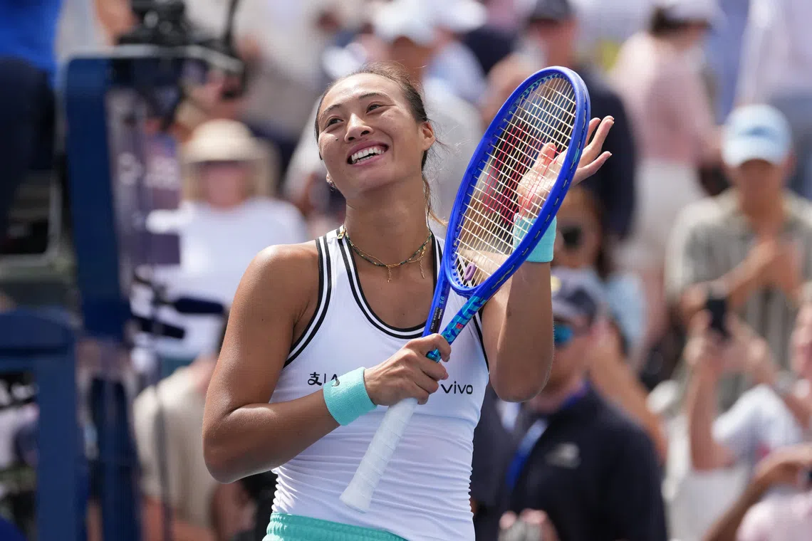 Tennis - U.S. Open - Flushing Meadows, New York, United States - September 5, 2026 China's Qinwen Zheng celebrates winning her third round match against Madison Keys of the U.S. IMAGN IMAGES via Reuters/Jerry Lai