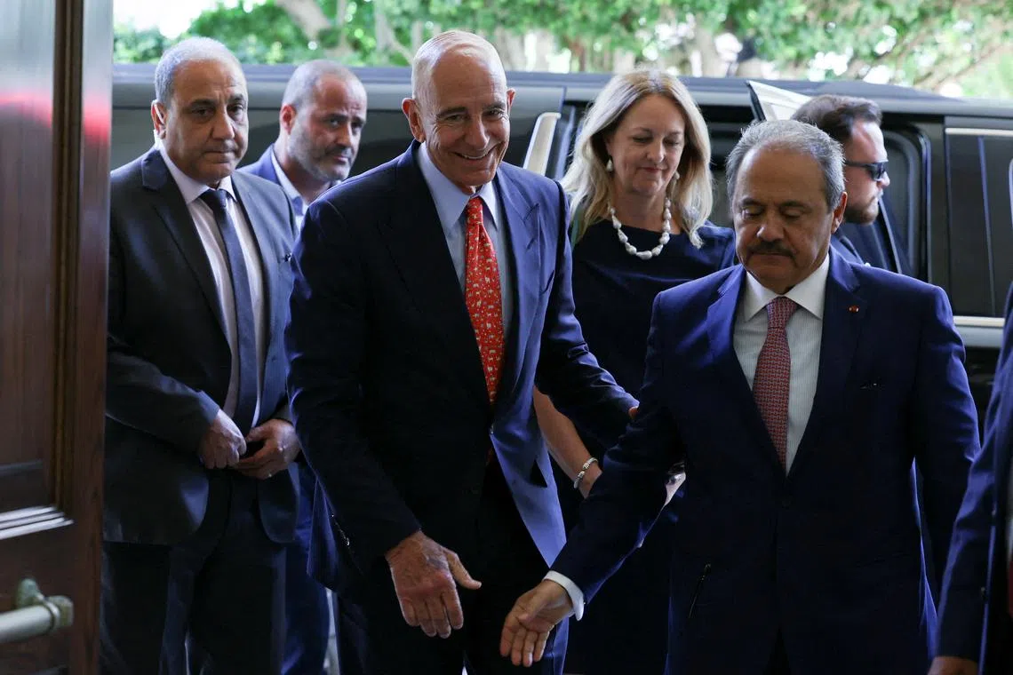 FILE PHOTO: U.S. Ambassador to Turkey and U.S. special envoy for Syria Thomas Barrack arrives to meet with Lebanese Parliament Speaker Nabih Berri in Beirut, Lebanon June 19, 2025. REUTERS/Mohamed Azakir/File Photo