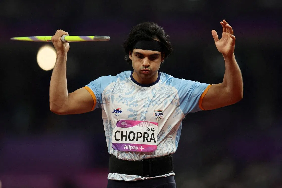 FILE PHOTO: India's Neeraj Chopra in action during the men's Javelin final at the Asian Games - Hangzhou 2022 - Athletics - Olympic Sports Centre, Hangzhou, China - October 4, 2023.  REUTERS/Jeremy Lee/File Photo