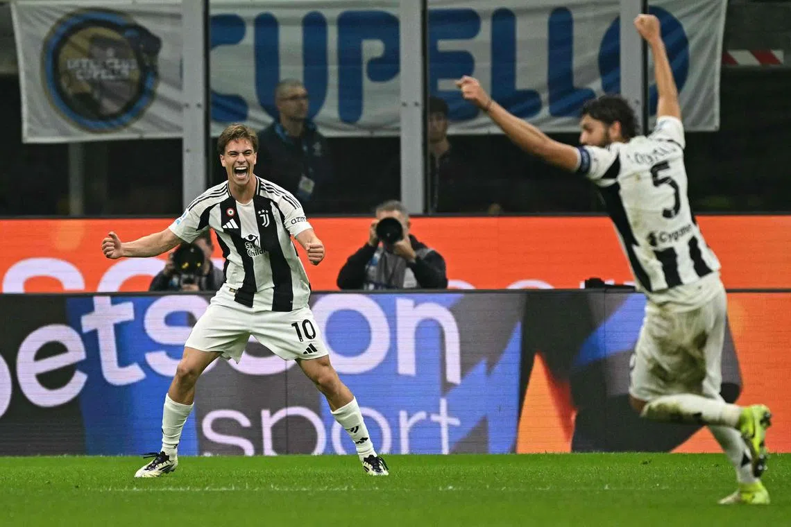 Juventus midfielder Kenan Yildiz (left) celebrating after scoring his team's late equaliser during the 4-4 Serie A draw against Inter Milan at the San Siro on Oct 27.