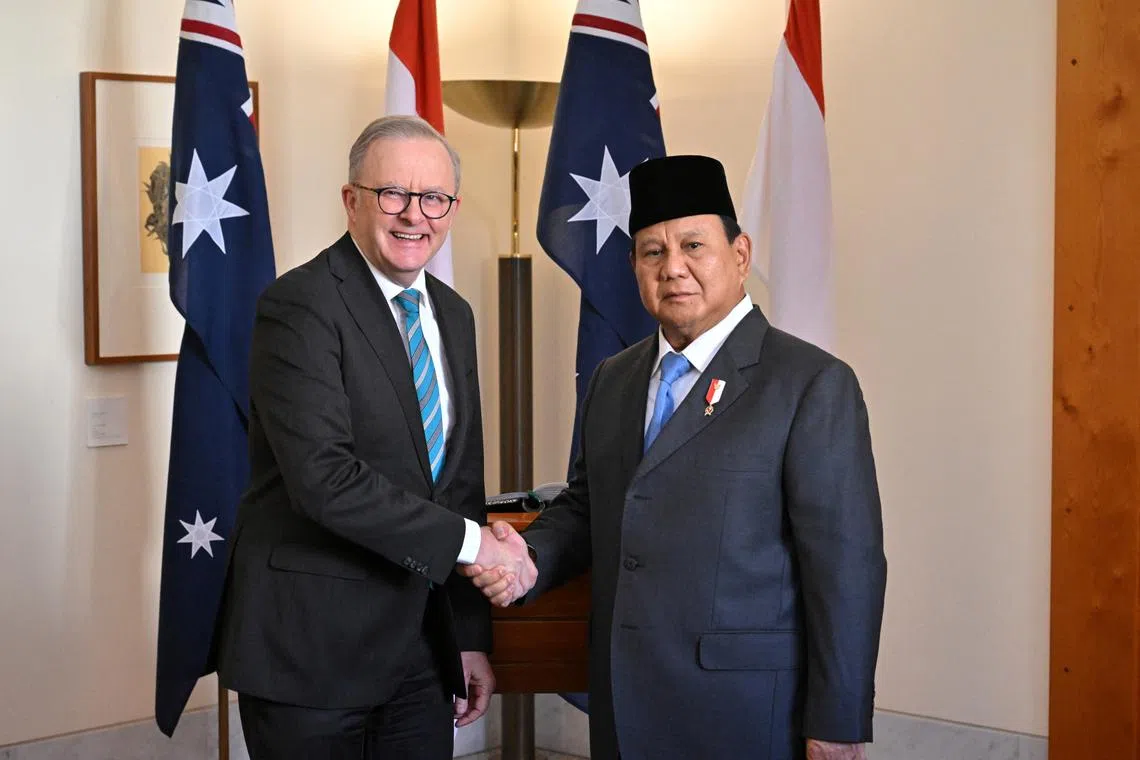 Indonesia's President-elect Prabowo Subianto (right) meets with Australia's Prime Minister Anthony Albanese at Parliament House in Canberra, Australia on Aug 20.
