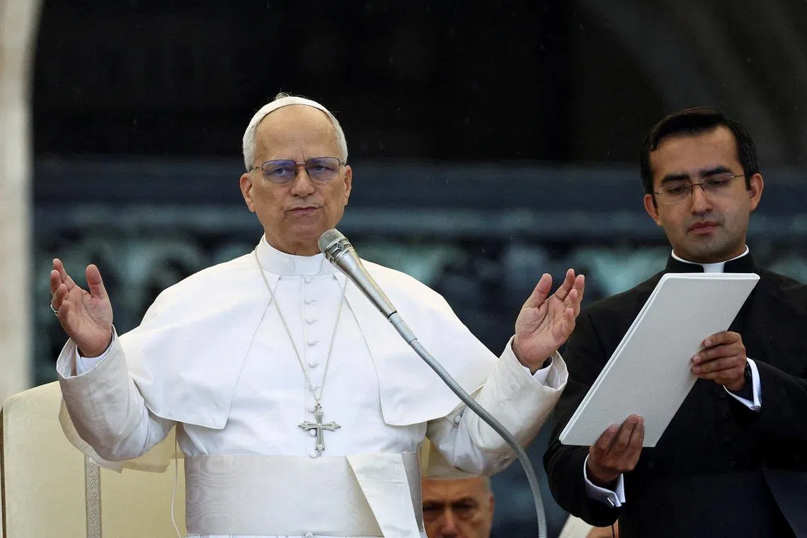 FILE PHOTO: Pope Leo XIV blesses people as he holds a general audience in St. Peter's Square at the Vatican, September 10, 2025. REUTERS/Guglielmo Mangiapane/File Photo