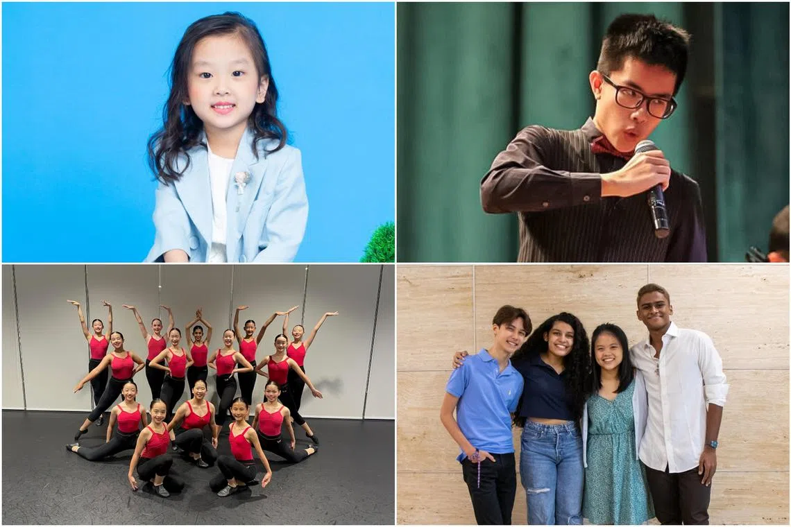 (Clockwise from top left) Shalom Shyann E, Lim Jing Rui, Sathya Nayar, Raeanne Wong, Jyotsnaa Jayashakner, Loic lasternet and Jitterbugs Swingapore are part of the line-up at ChildAid 2022.