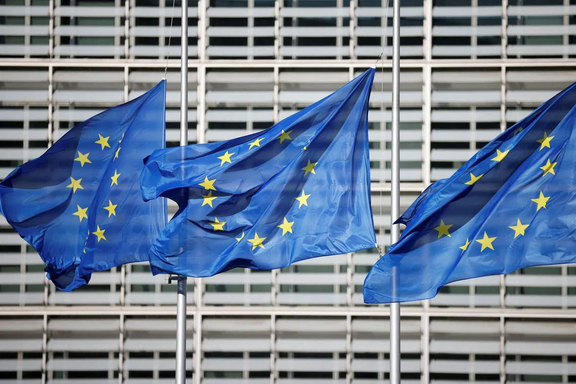 FILE PHOTO: European Union flags fly outside the European Commission headquarters in Brussels, Belgium, March 1, 2023.REUTERS/Johanna Geron/File Photo