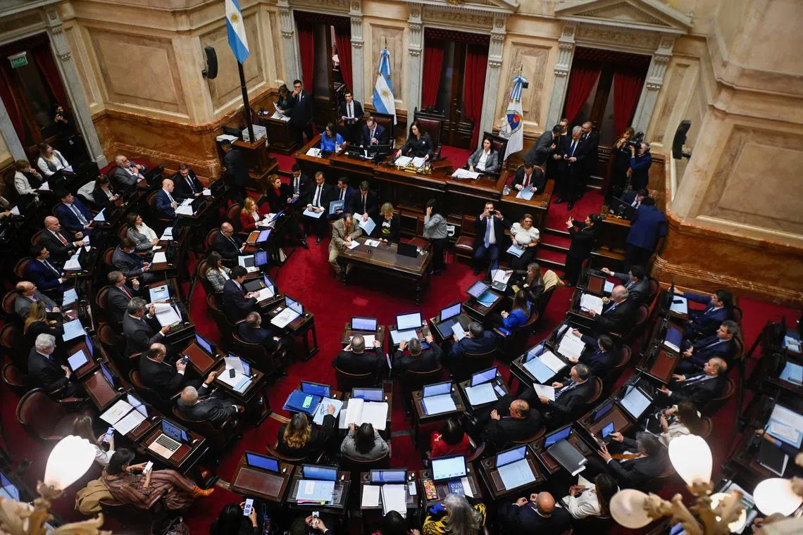 FILE PHOTO: Lawmakers meet to debate Argentina's President Javier Milei's economic reform bill, known as the \"omnibus bill\", at the National Congress in Buenos Aires, Argentina June 12 2024. REUTERS/Mariana Nedelcu/File Photo