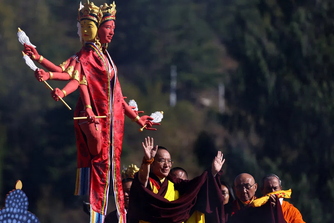 His Holiness the 12th Chamgon Kenting Tai Situpa, greeting devotees at the Global Peace Prayer 2025 in Thimphu, Bhutan, on Nov 9, 2025. 
