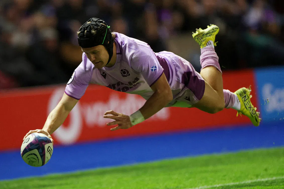 FILE PHOTO: Rugby Union - Autumn Internationals - Scotland v Unites States - Murrayfield Stadium, Edinburgh, Scotland, Britain - November 1, 2025 Scotland's Darcy Graham scores their seventh try REUTERS/Russell Cheyne/File Photo