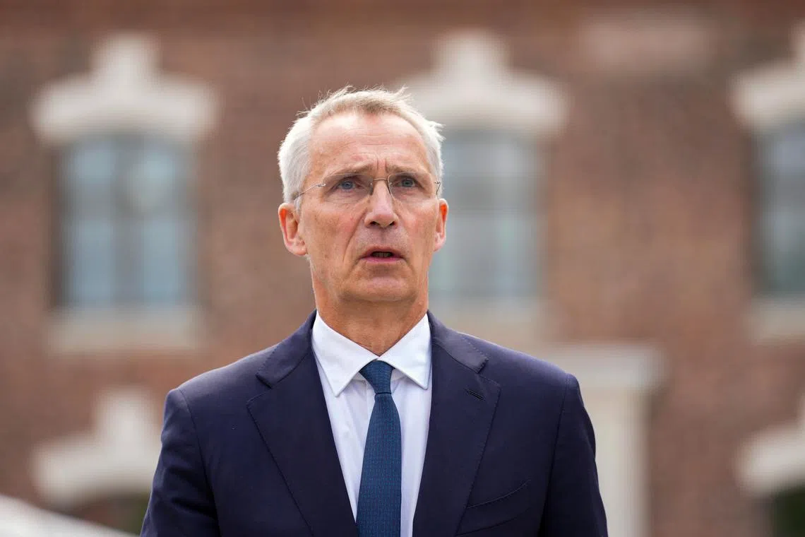 FILE PHOTO: Norway's Finance Minister Jens Stoltenberg comments on Norges Bank's interest rate decision outside the Prime Minister's office, in Oslo, Norway, June 19, 2025 . NTB/Fredrik Varfjell via REUTERS/File Photo