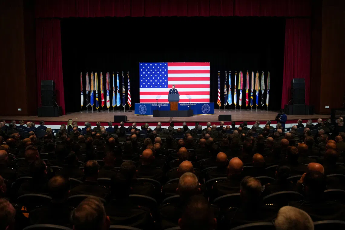 Chairman of the Joint Chiefs of Staff Air Force Gen. Dan Caine speaks to senior military leaders at Marine Corps Base Quantico, Virginia, U.S., September 30, 2025. Andrew Harnik/Pool via REUTERS