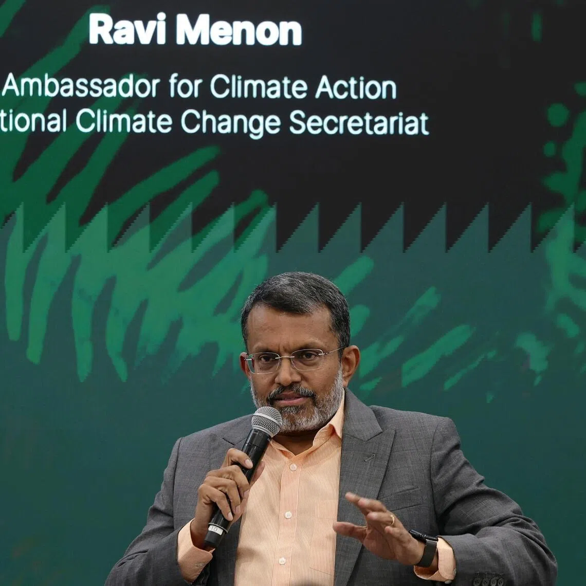 Mr Ravi Menon, Ambassador for Climate Action and Senior Adviser at the National Climate Change Secretariat, having a fireside chat during the post-COP30 Dialogue at the Singapore Business Federation (SBF) Centre on April 6, 2026. ST PHOTO: KEVIN LIM hscouncil06