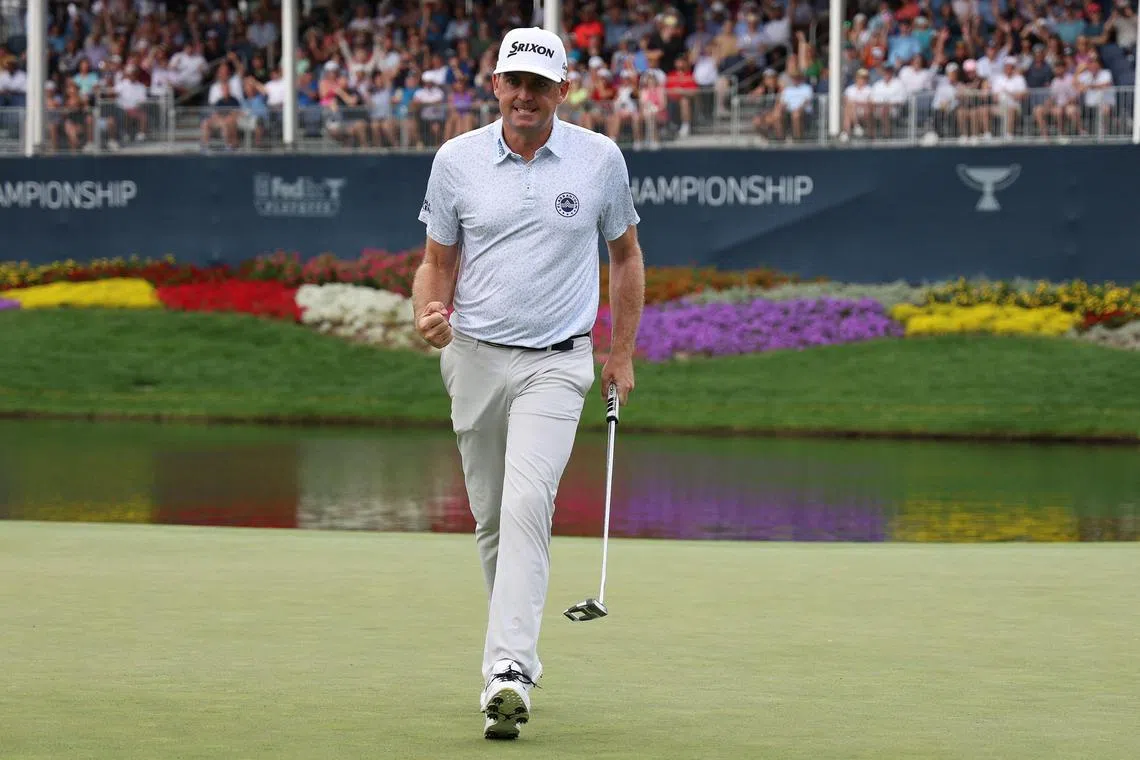 Keegan Bradley of the United States reacting on the 15th green during the third round of the BMW Championship at Castle Pines Golf Club on Aug 24.