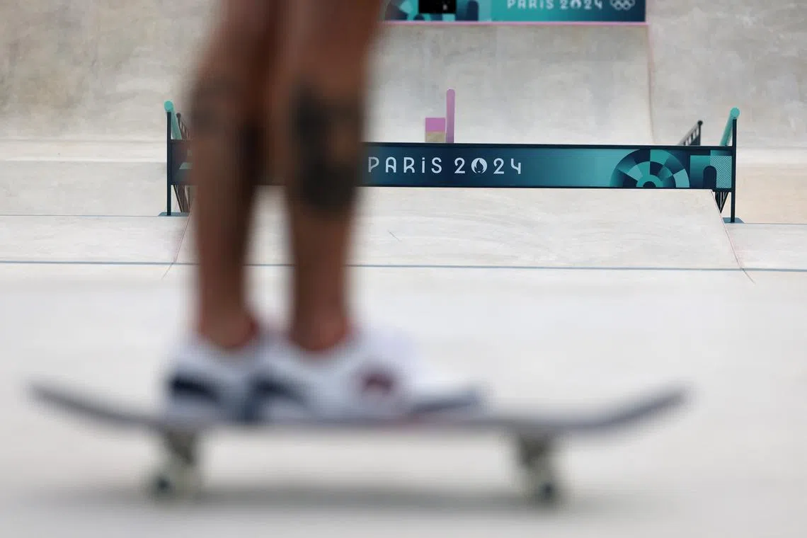 Paris 2024 Olympics - Skateboarding Training - La Concorde 3, Paris, France - July 25, 2024. A general view of Aurelien Giraud of France during training. REUTERS/Pilar Olivares