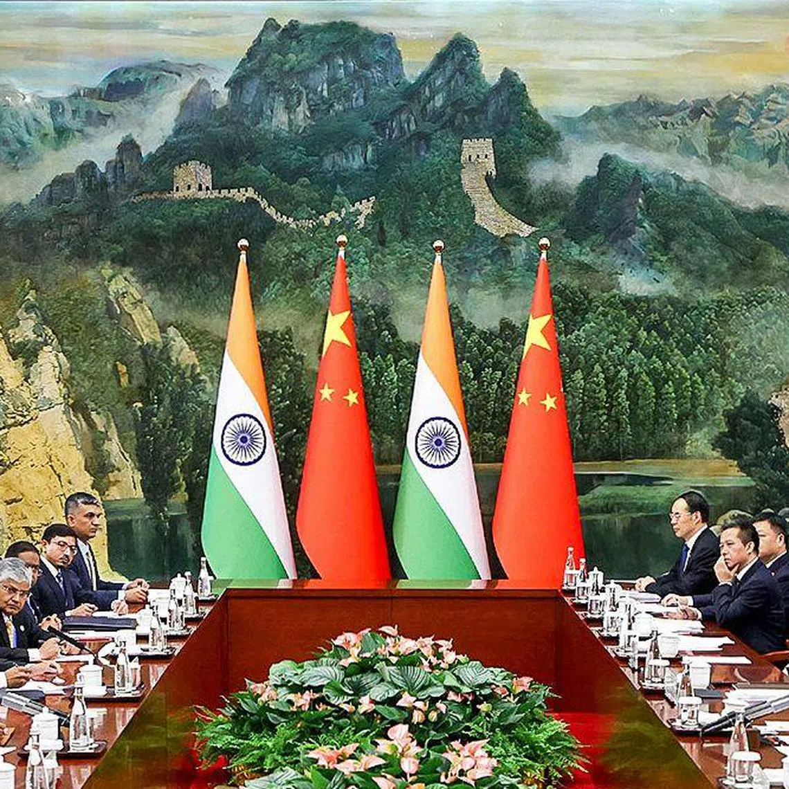 Indian PM Narendra Modi (fourth from left) and Chinese President Xi Jinping (fifth from right) with their respective delegations on the sidelines of the Shanghai Cooperation Organisation summit in Tianjin, on Aug 31.