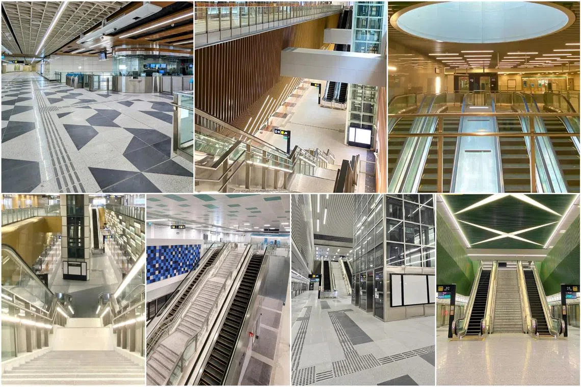 (Clockwise from top left) Tanjong Rhu, Katong Park, Tanjong Katong, Marine Parade, Marine Terrace, Siglap, and Bayshore stations on the TEL