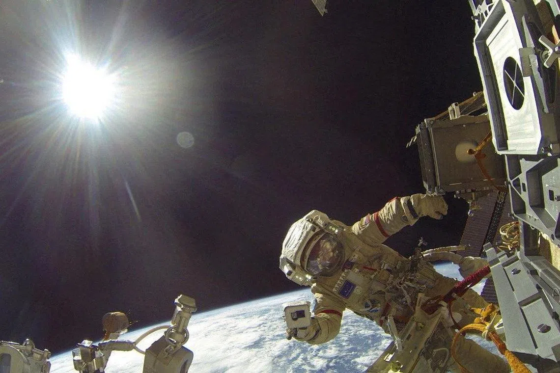 A 2022 photo shows Roscosmos cosmonaut Sergey Prokopyev conducting a spacewalk outside the International Space Station.