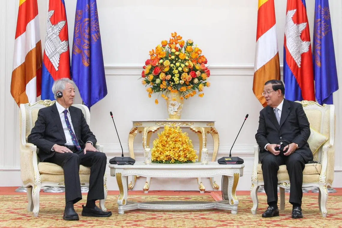 Senior Minister Teo Chee Hean (left) calling on Cambodian PM Hun Sen during his visit to the country.