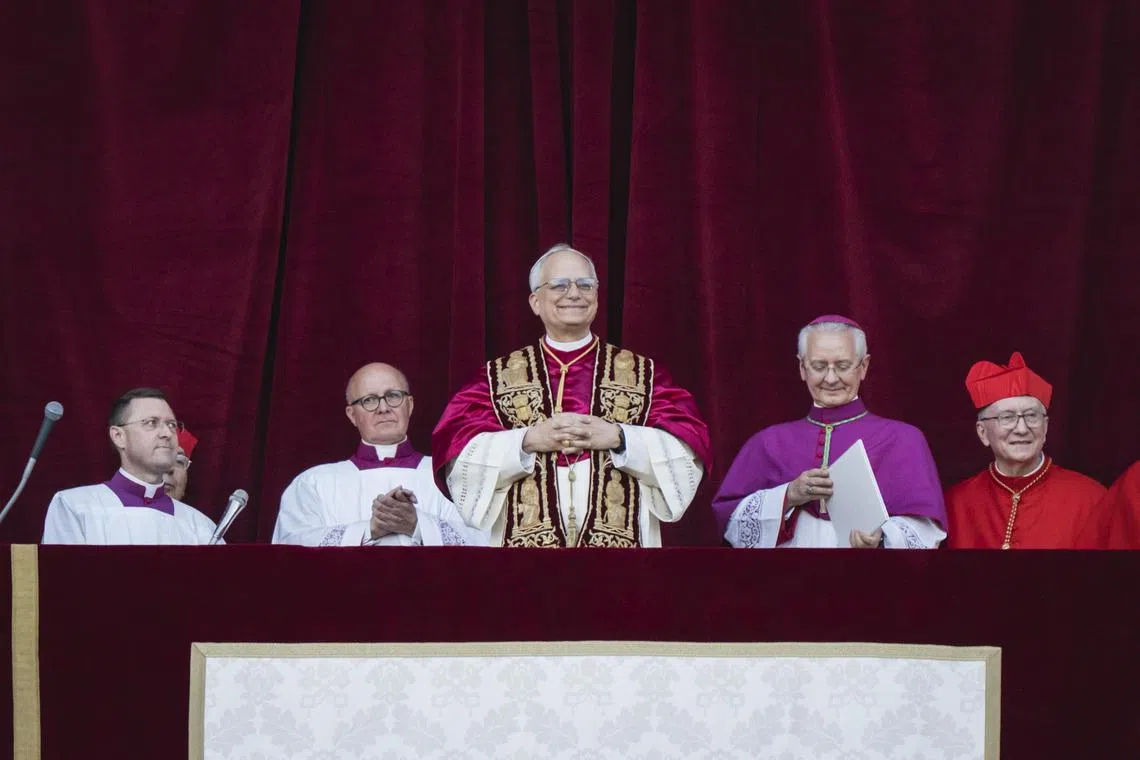 Pope Leo XIV, in his first public appearance after he was elected, on the balcony of St Peter’s Basilica in the Vatican City, on May 8.