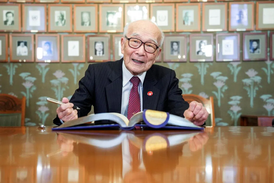 Terumi Tanaka, the representative of 2024 Nobel Peace Prize winner Nihon Hidankyo, signs the guest book at the Nobel Institute in Oslo, Norway December 9, 2024. NTB/Javad Parsa via REUTERS