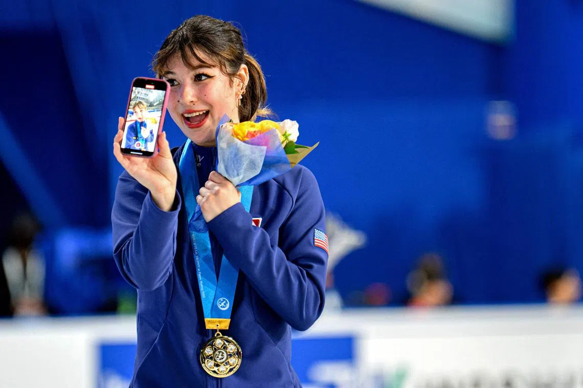 Alysa Liu celebrates her win in the women's free skating during the ISU World Team Trophy in Figure Skating 2025 on April 19.