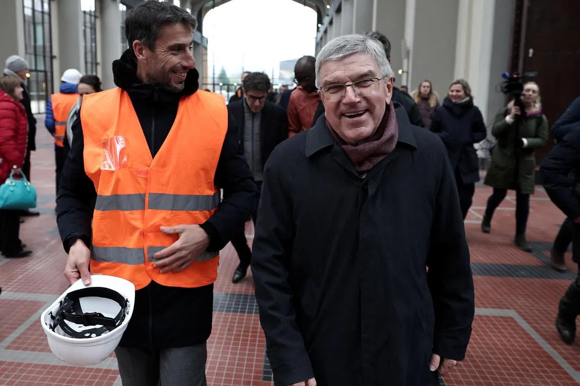 IOC president Thomas Bach and president of the Paris 2024 organising committee Tony Estanguet visit the athletes' village.