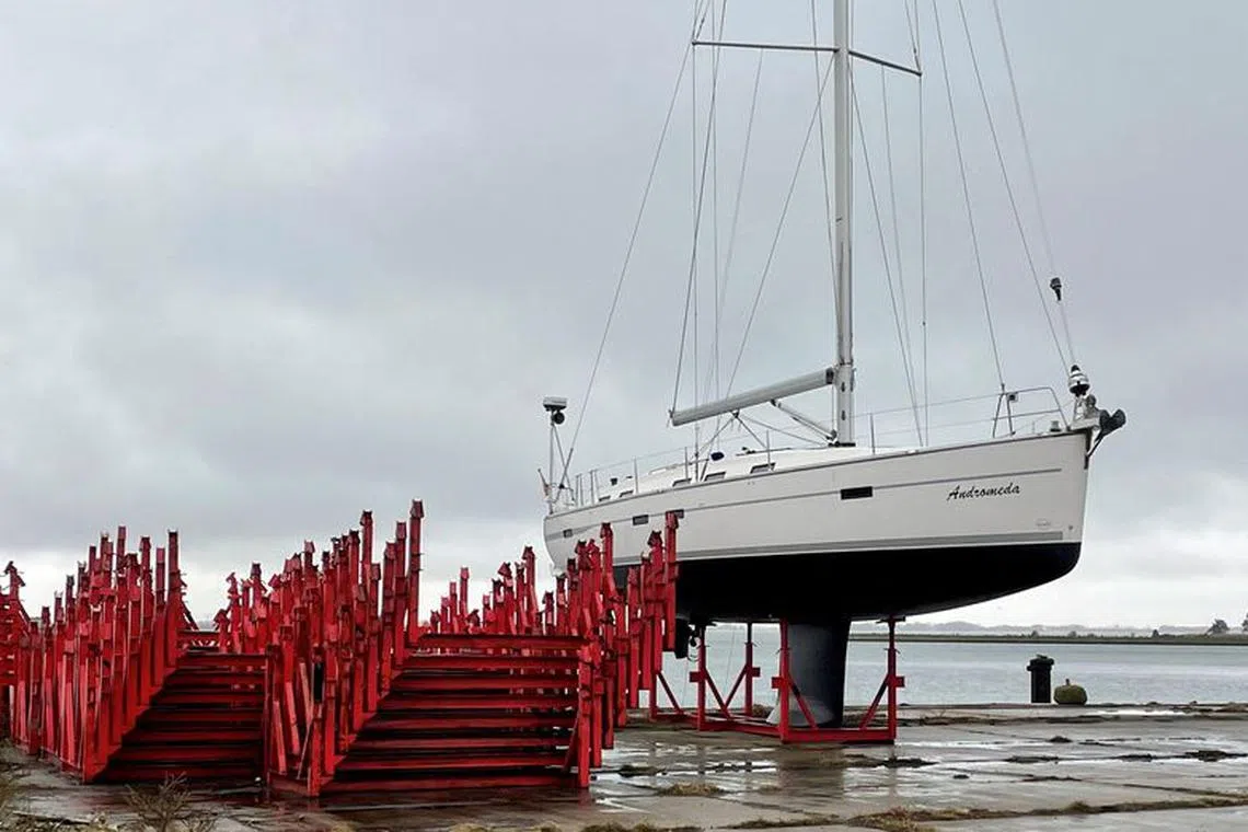 FILE PHOTO: The 50-feet-long charter yacht \"Andromeda\", which German prosecutors had searched believed to be used for the blasts of the Baltic Sea pipelines Nord Stream 1 and Nord Stream 2 is seen in a dry dock in Dranske at Ruegen island, Germany, March 14, 2023.   REUTERS/Oliver Denzer/File Photo