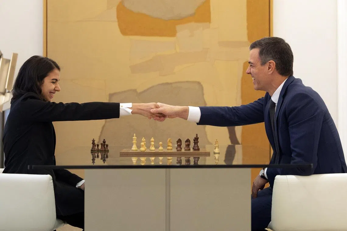 Ms Sarasadat Khademalsharieh (left) and Spanish PM Pedro Sanchez appeared to engage in a game of chess during their meeting on Jan 25, 2023.