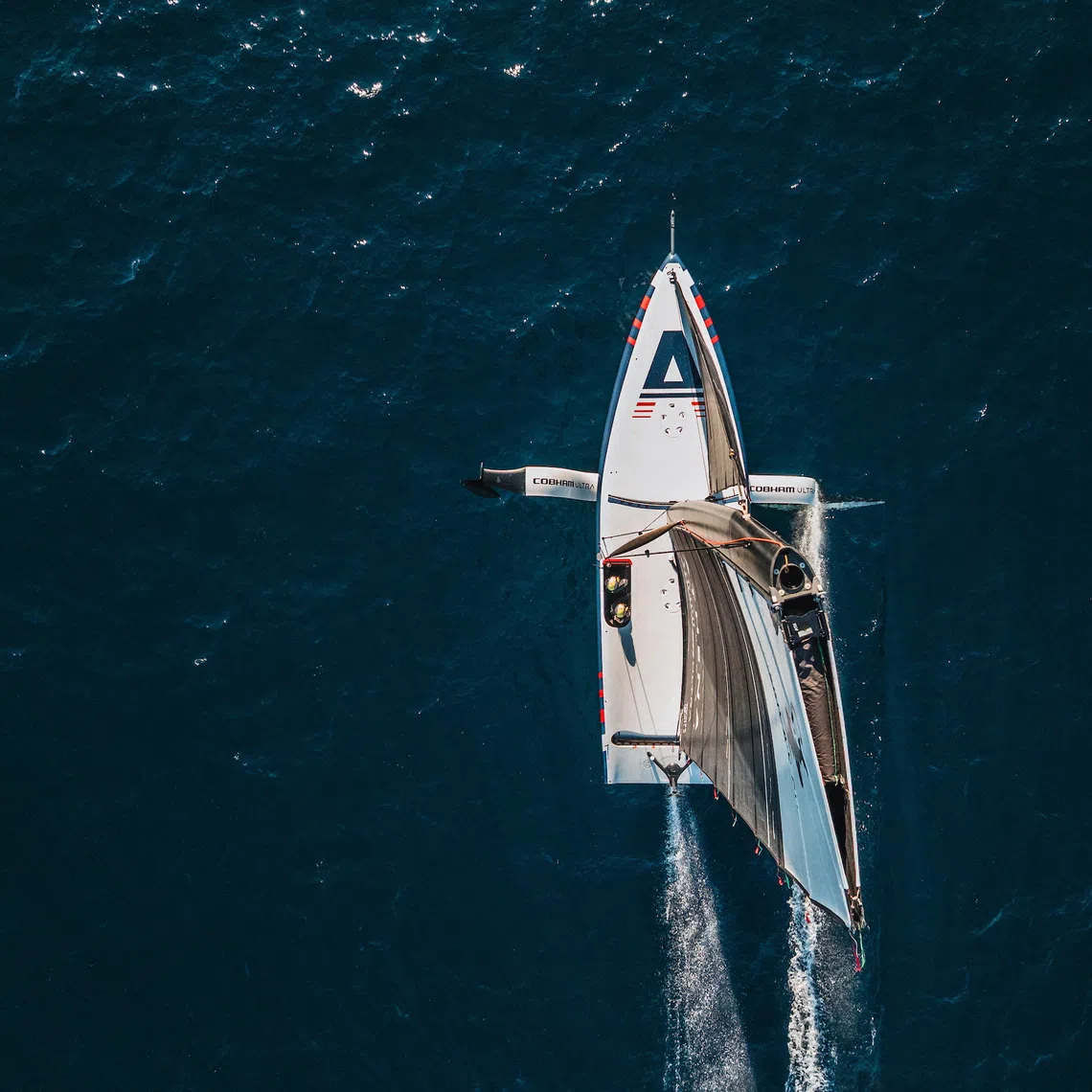 An undated handout photo shows a vessel of British team Athena Racing sailing during training for the America’s Cup.    Athena Sports Group/Handout via REUTERS